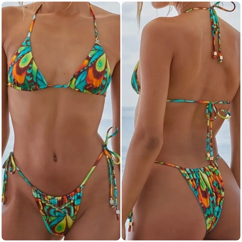 Multicolor Triangle Halter Side Tie Bikini Set